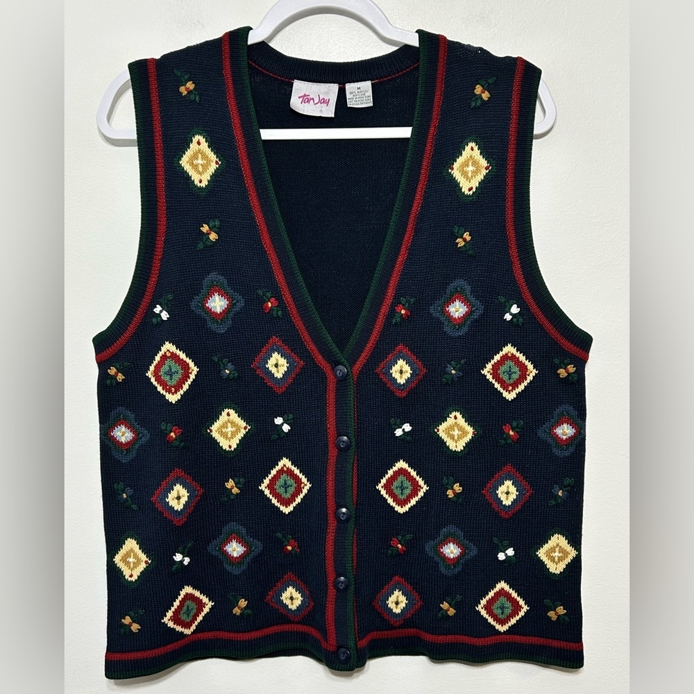 Vintage Embroidered Knit Sweater Vest Grandma Cottagecore Teacher Librarian